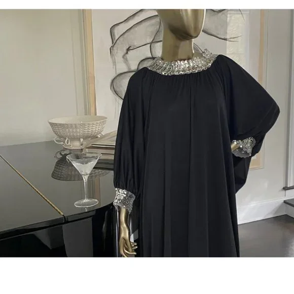 Vintage GLAM 70s Caftan Sequin Trimmed Maxi Dress 1970s Lounge Wear S-M-L - Picture 7 of 11